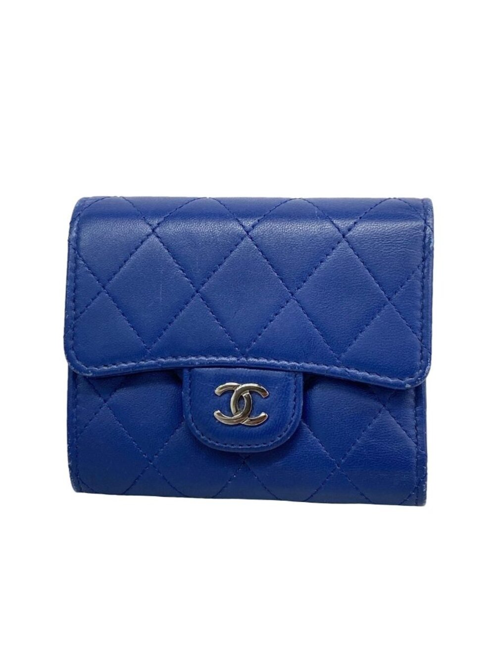 Chanel Trifold Wallet Quilted Lambskin Blue Silver